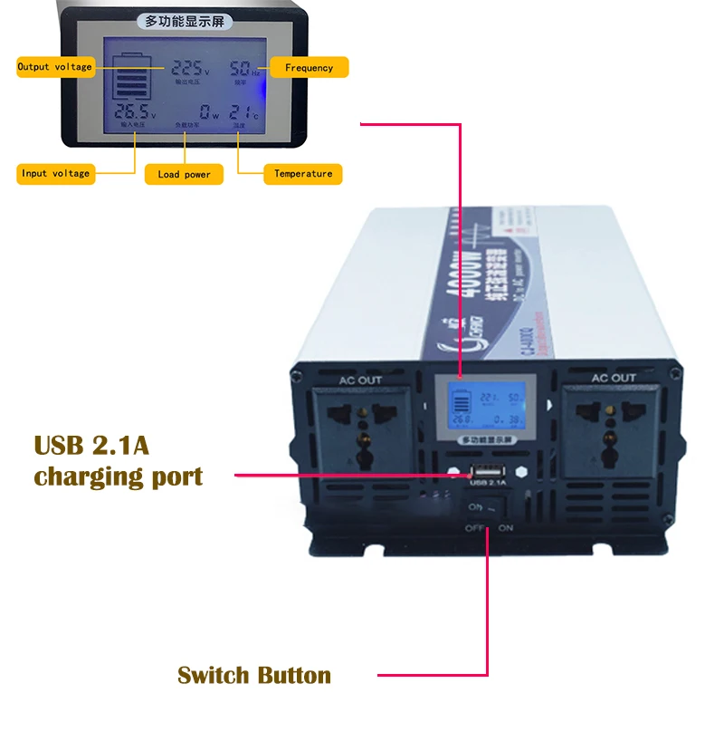 Pure Sine Wave Inverter 12v 220v 4000W 5000W 24v 48v 60v 72v 110v Solar Car Inverter Voltage Transformer Power Converter