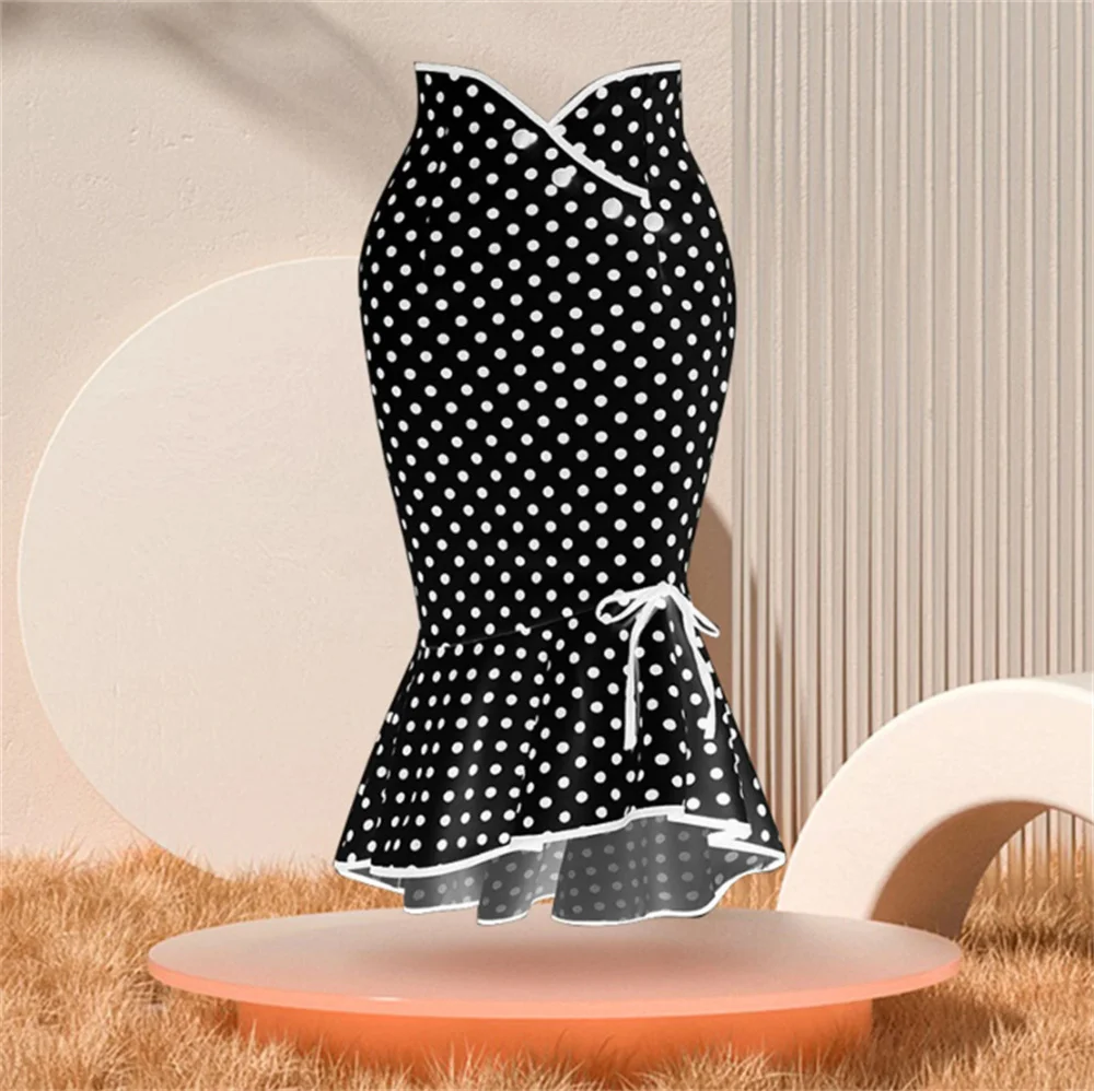 

Юбка-миди Женская облегающая юбка с оборками «рыбий хвост» Ретро Повседневная вечерние юбка-карандаш в горошек Юбка-миди с запахом Юбки больших размеров