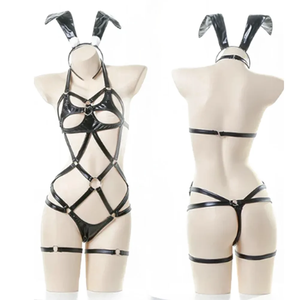 

Sexy Lingerie Bondage Sets Women Pu Leather Hollow-out Nightwear Erotic Bodysuit Nightclub Female Cosplay Uniforms Transparent