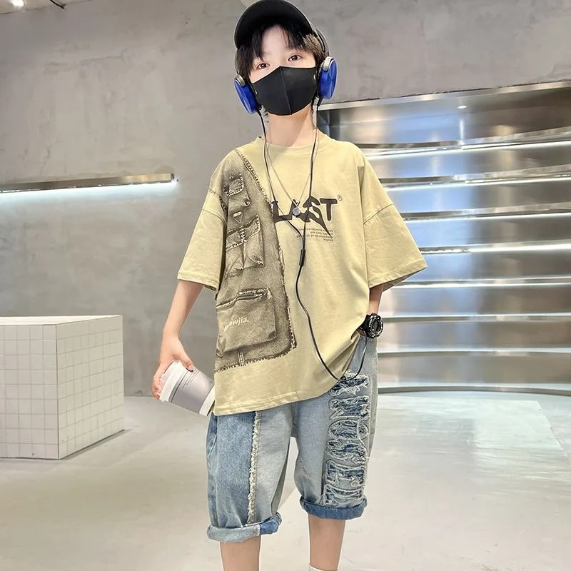 

Printed Short-Sleeve Denim Shorts Outdoor Clothes for Children Boys Clothing 10 to 14 Years Top Child Children's From 4 Sets Set