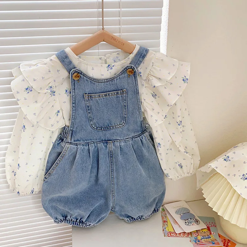 Kids Girls Clothing Suit 1-8Y Floral Print Tiered O-Neck Puff Sleeve Shirt+Solid Denim Jumpsuit Fashion Children Spring Clothes