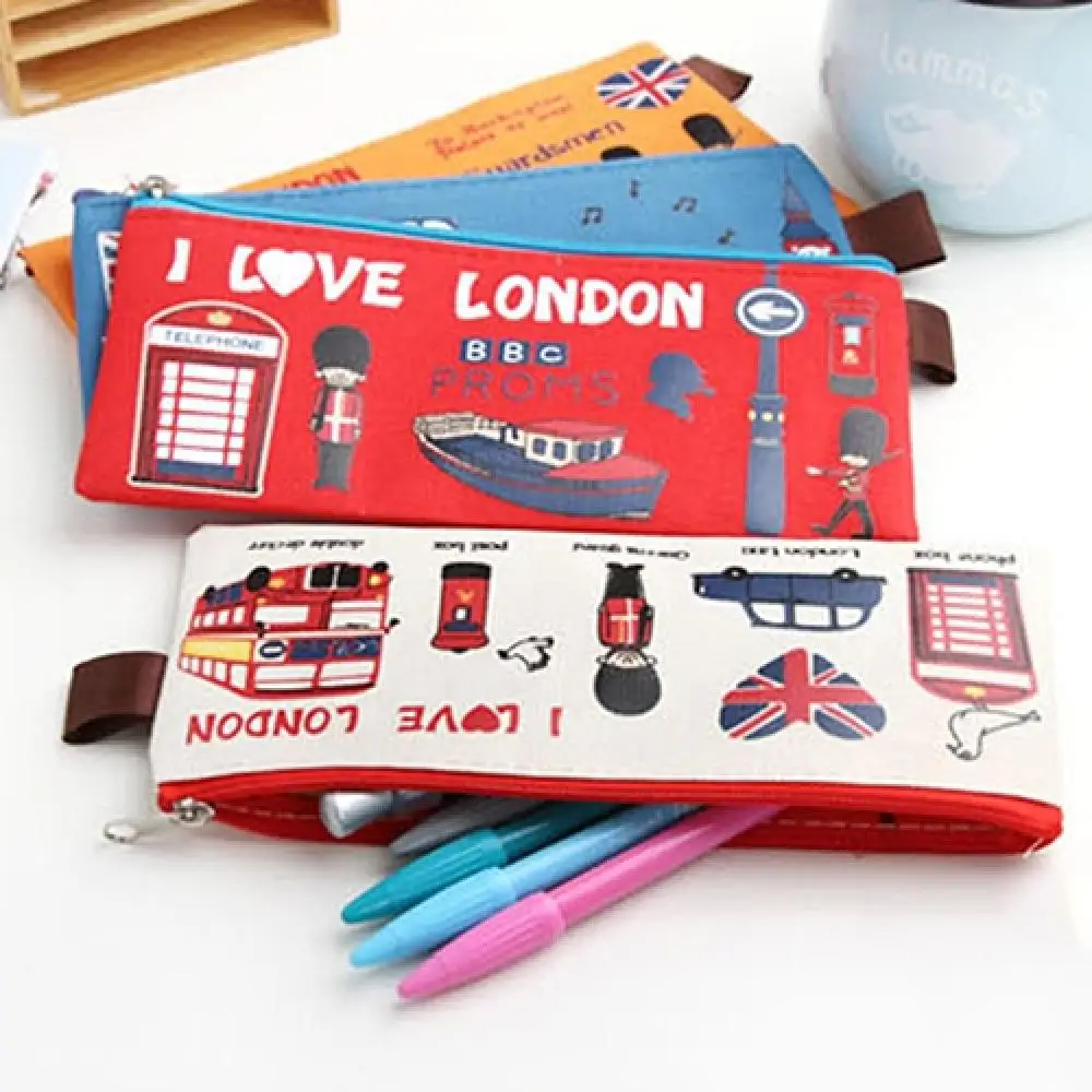 Cartoon London Style Students Pencil Bag Pen Case Zipper Cosmetic Pouch Coin Purse Stationery for School Office Suppliers