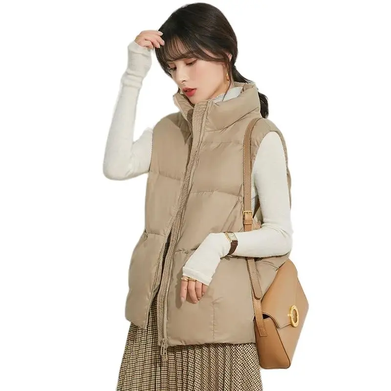 Women Vests With Zipper Solid Color White Black Khaki Sleeveless Female Duck Down Waist Coat Puffer Feather Padded Warm Jacket