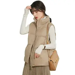 Women Vests With Zipper Solid Color White Black Khaki Sleeveless Female Duck Down Waist Coat Puffer Feather Padded Warm Jacket