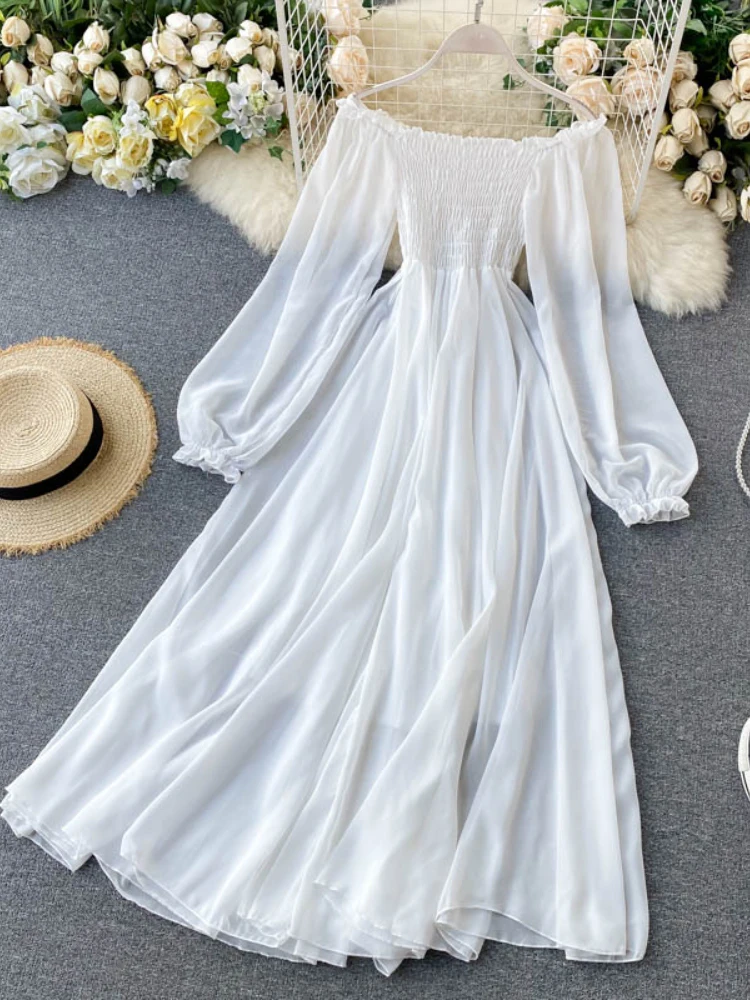 LY VAREY LIN New Spring Autumn Women Elegant Holiday Dresses Puff Sleeve Slash Neck Off Shoulder Smocked White Chiffon Dresses