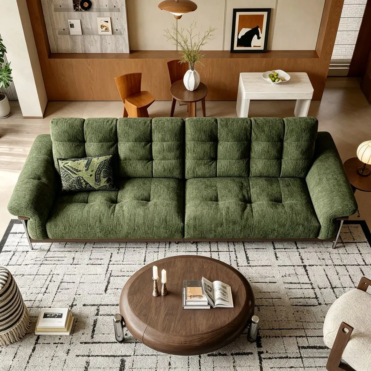 Cedar dark green fabric walnut solid wood frame living room sofa