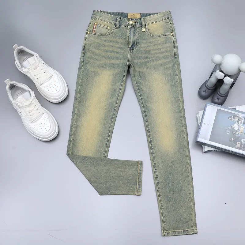 Retro Yellow mud-color jeans men's summer thin stretch slim fit skinny simple all-match Street skinny long pants