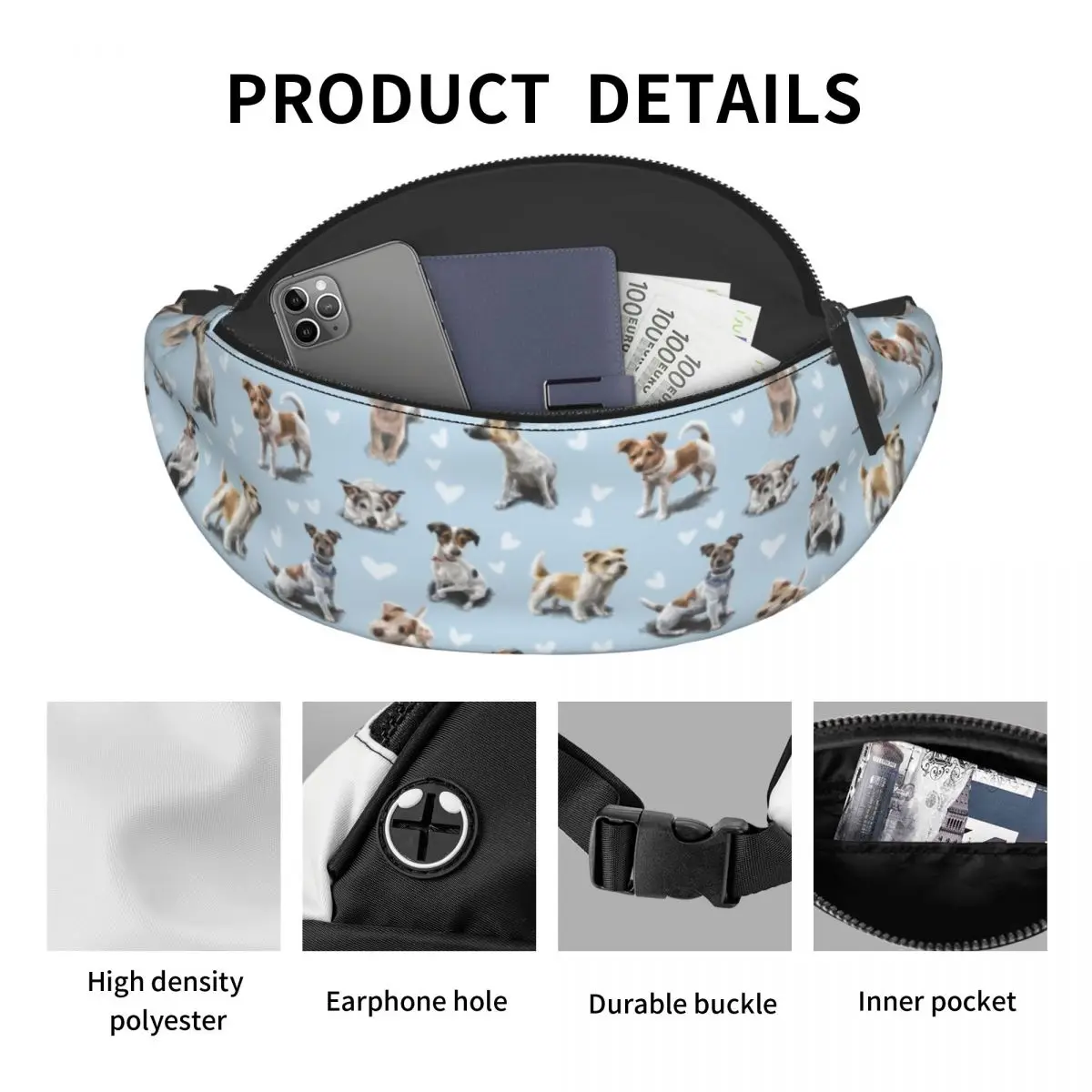 Cool Jack Russell Terrier Puppy Love Fanny Pack Mulheres Homens Pet Dog Crossbody Saco da cintura para caminhadas Telefone Money Pouch