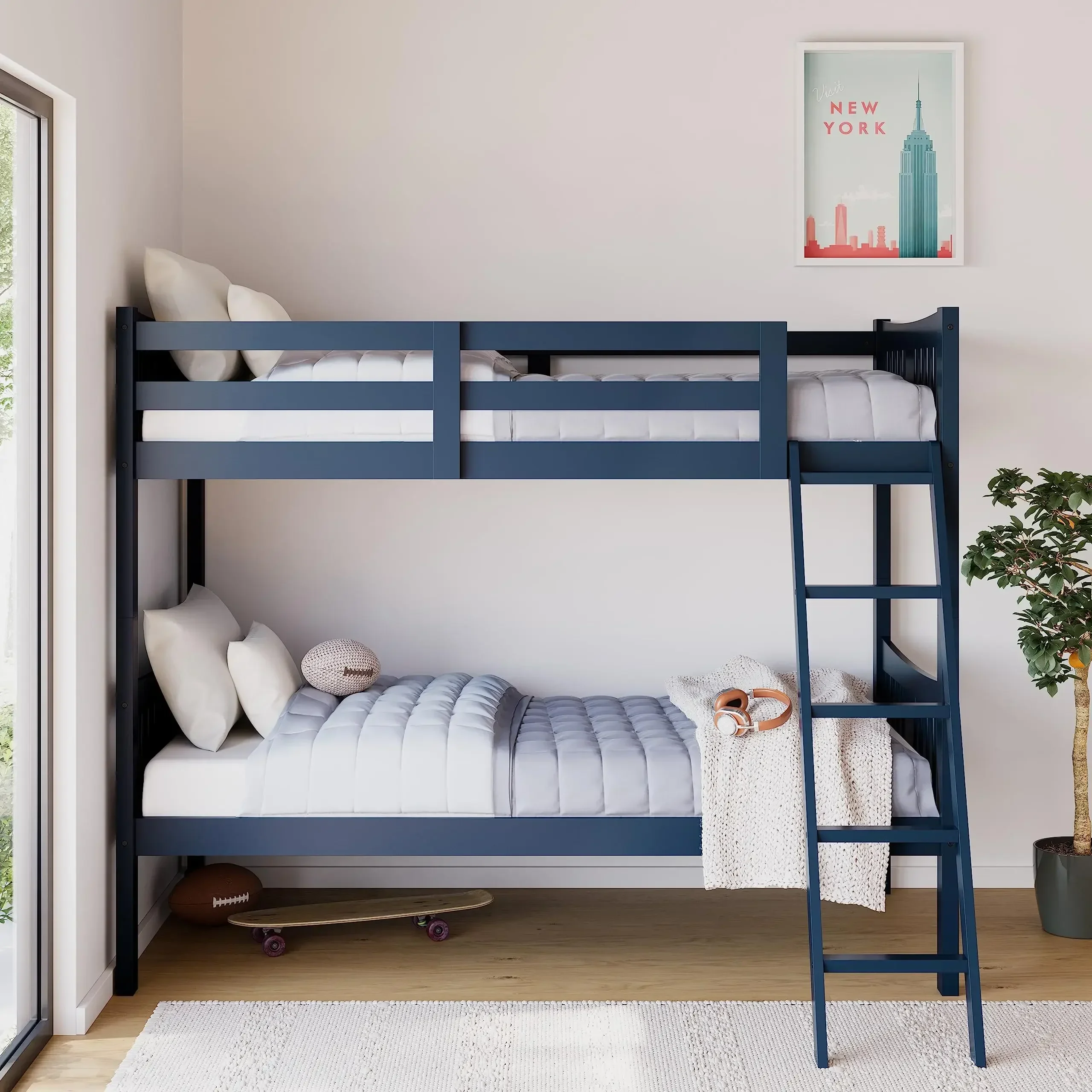 Storkcraft-Caribbean Twin-over-Twin Bunk Bed, Gold Certified, Converts to 2 individual Twin Beds, Navy Blue