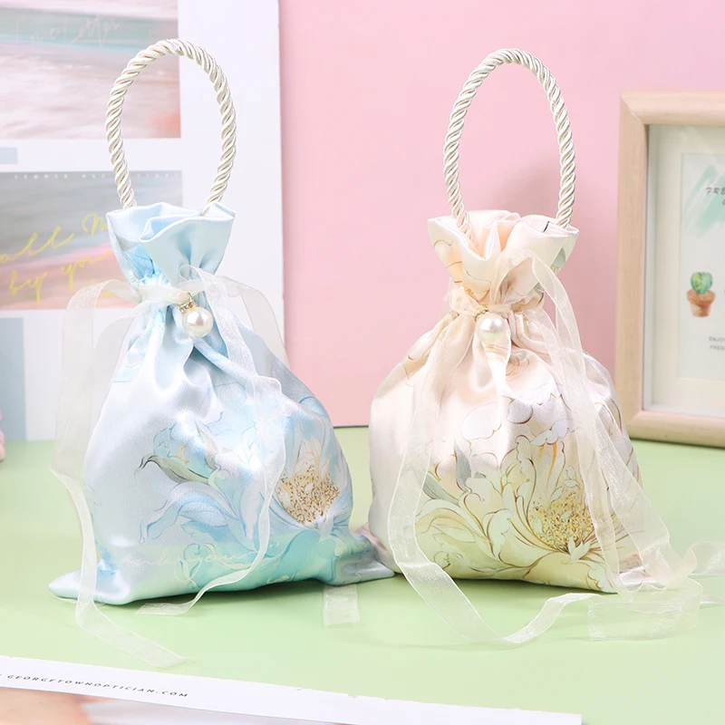 Pearl Pendant Flower Drawstring Bag Satin Bow Large Capacity Festive Wedding Candy Sugar Bag Bucket Bag Gift Storage Bag