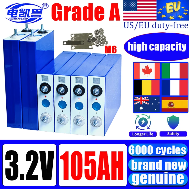 Original A-Class 3.2V Lithium Iron Phosphate Battery 105Ah 100Ah DIY 12V 24V 48V RV Inverter Screw LiFePo4 Rechargeable Battery