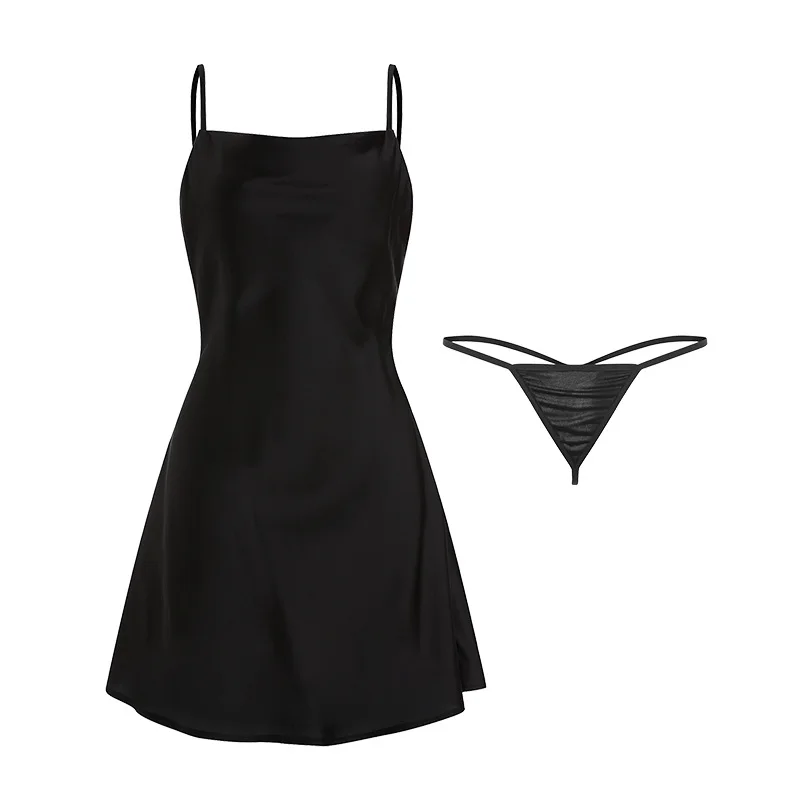 

Plus Size Sexy Deep V Halter Slip Dress Pure Color Satin Nightgown Sleepwear Lingerie Set Women Autumn Winter 1477