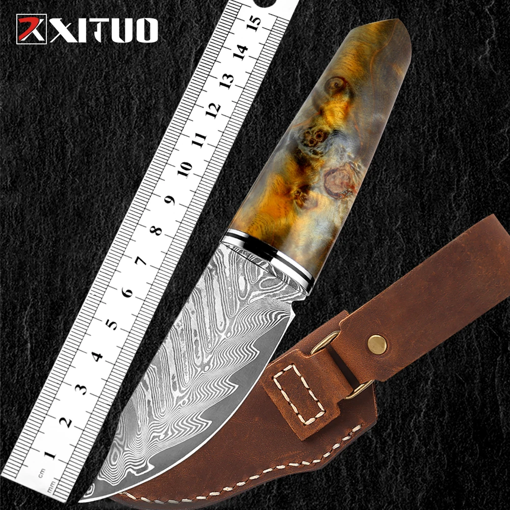 

XITUO Fixed Blade Hunting Knife Fruit Knife Damascus Steel Blade Stable Wooden Handle with Leather Sheath for Outdoor Camping