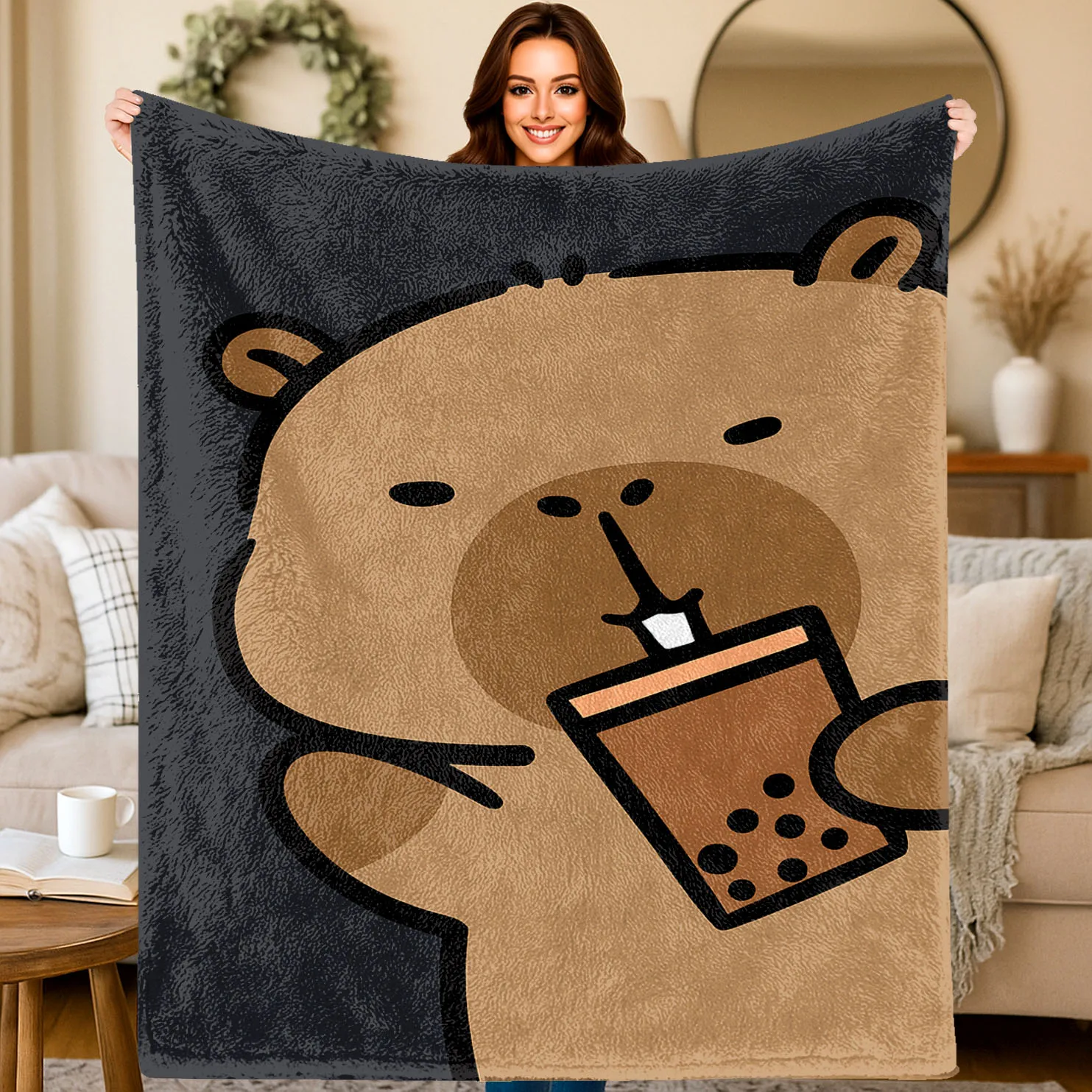 Capybara Boba Tea Print Flannel Blanket - Multi-Size Washable Pet-Friendly All-Season Sofa Camping Gift