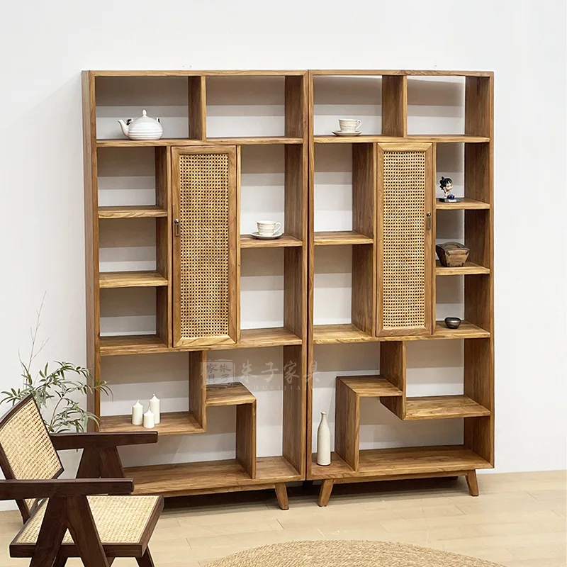 Customized wabi-sabi wind solid wood bogu frame living room modern simple office bookcase household rattan display cabinet floor