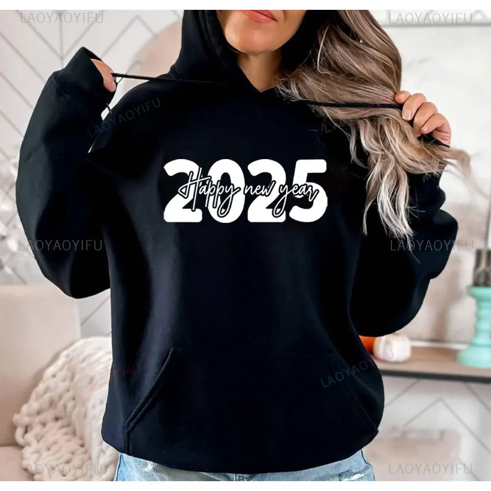 Hello 2025 Happy New Year Printed Women's Sweatshirt Long Sleeve Hoodie Fashion Comfortable Sweater Autumn New Year Clothing