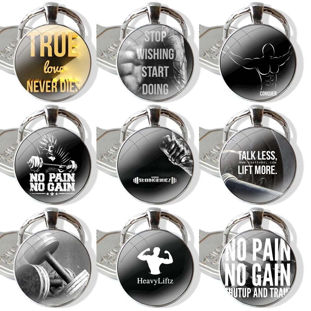 Bodybuilding Gym Fitness 25mm Glass Cabohcon Keychain Key Rings for Women Men Jewelry Gift