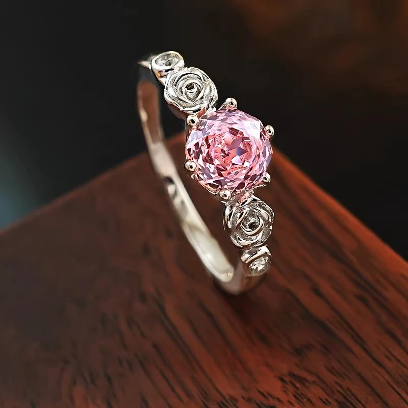 S925 Silver Ring 6mm Papalacha Pink Zircon Millennium Rose Cutting Romantic and Gentle Women's Jewelry