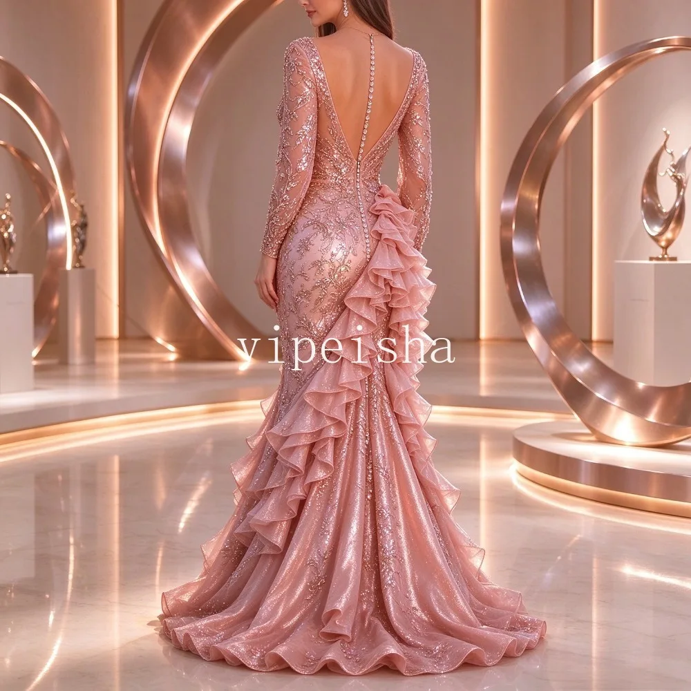 Customized Blush Pink Long Sleeve Mermaid Evening Dress Deep V Neck Full Beading Ruffle High Slit Glitter Formal Prom Gown Party