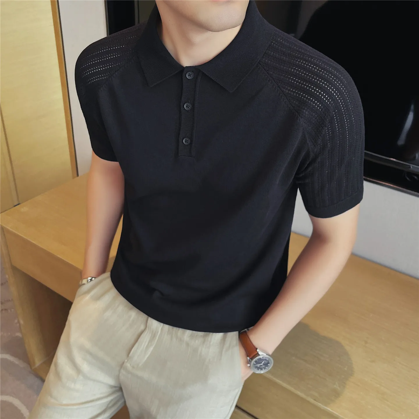 Men's Ice-Silk Polo Shirt – Breathable, Wrinkle-Resistant & Cooling Short Sleeve Knit Top with Structured Shoulders