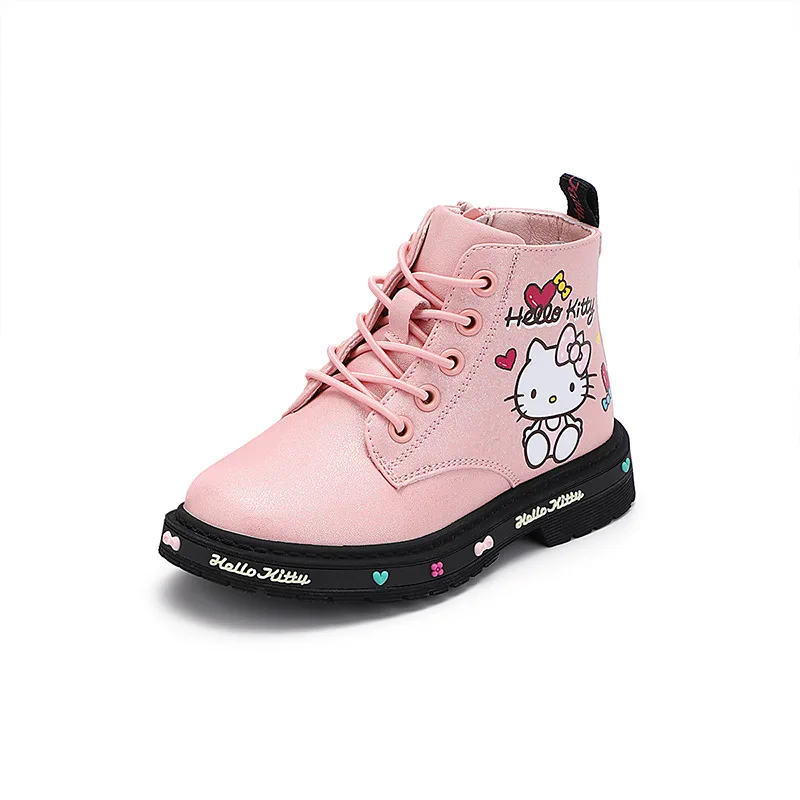 Miniso Hello Kitty Little Girls Martin Boots Children Princess Leather Shoes Kids Ankle Boot Student Short Non-Slip Fashion Gift