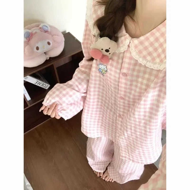 

Hello Kitty, повседневные пижамы для девочек, весенне-осенний клетчатый кукольный воротник, хлопковый шелковый комплект с длинными рукавами, носимый комплект домашней одежды