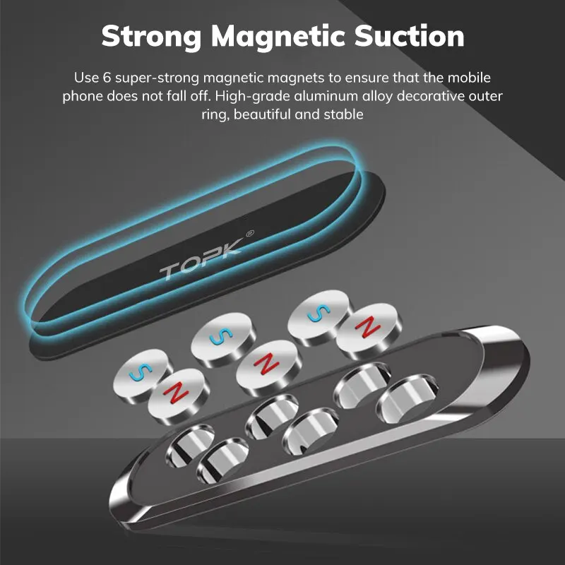 TOPK Metal Magnetic Car Phone Holder Universal Strip Shape Mobile Phone Stand Strong Magnet GPS Support Car Mount For iPhone 14 image 3