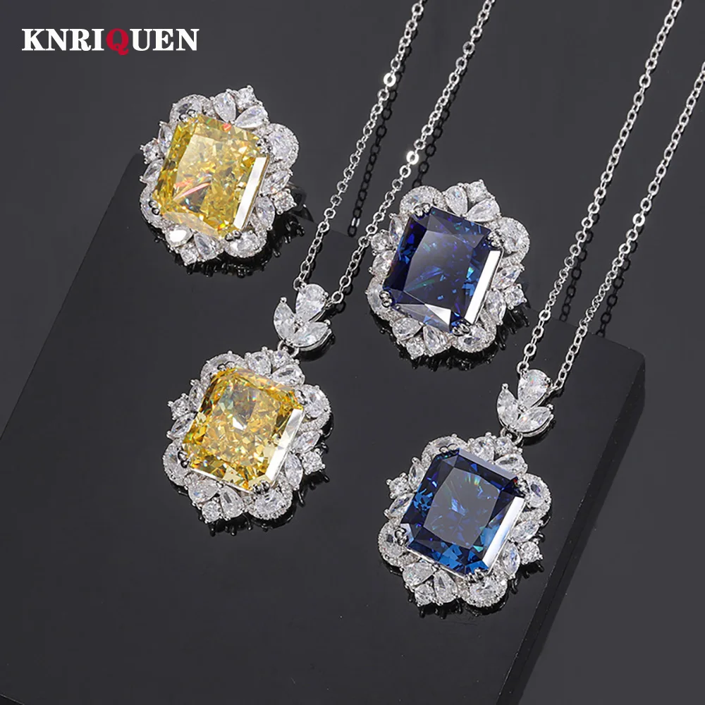 

Luxury 100% 925 Real Silver 14*16mm Topaz Sapphire Lab Diamond Pendant Necklace Gemstone Rings Fine Jewelry Sets Gift for Women