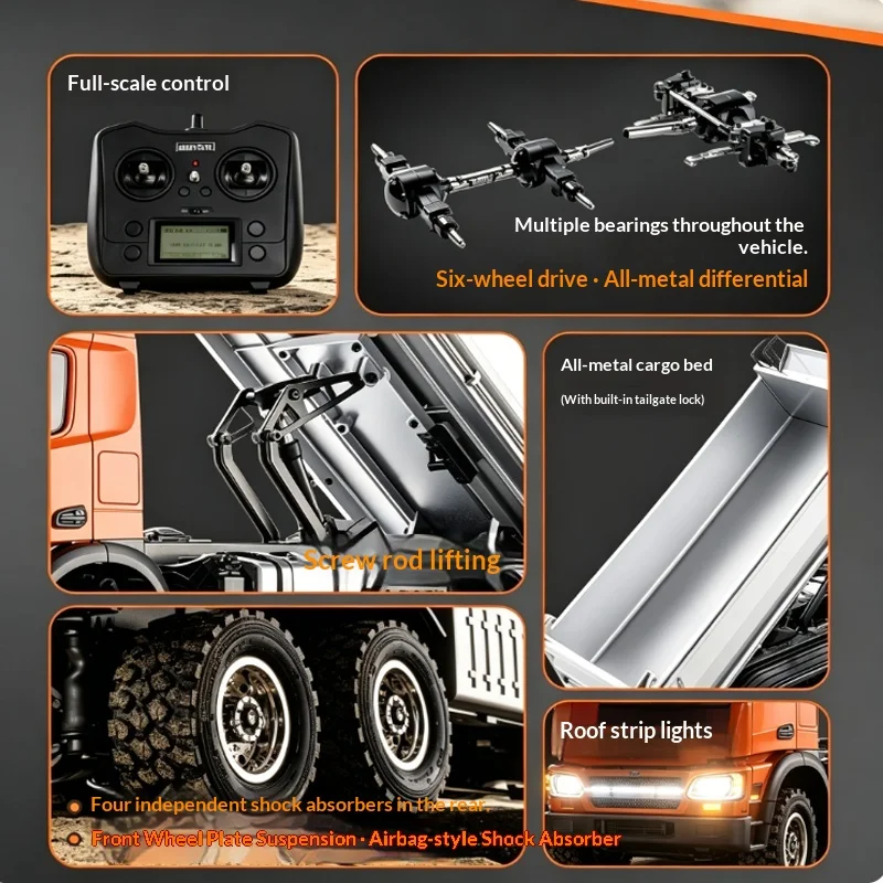 Huina 1598 1/14 RC Dump Truck 6WD 14CH Metal Alloy Tipper with Lights Sound 2.4GHz RTR Engineering Vehicle Toy