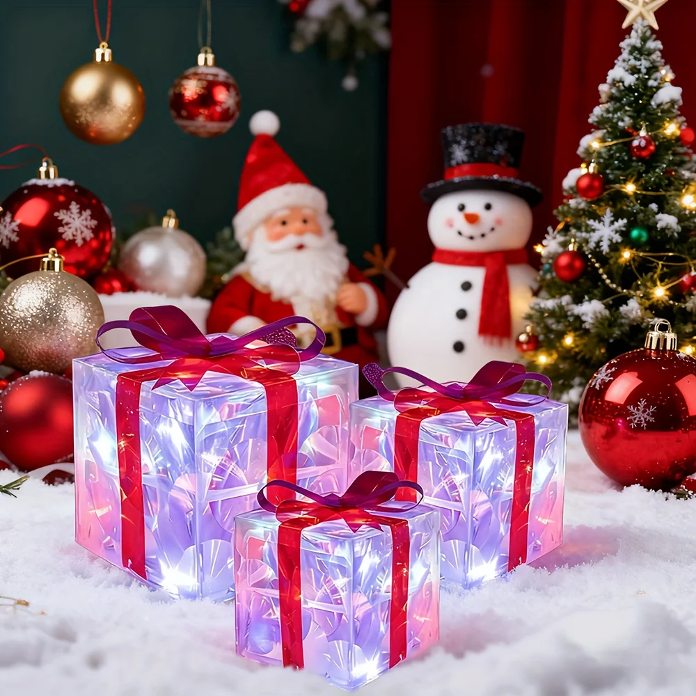 مجموعة هدايا ديكور العطلة الجديدة مكونة من 3 قطع لعام 2025 مع تأثيرات ضوئية ملونة، تعمل ببطارية AA (3 بطاريات غير متضمنة)