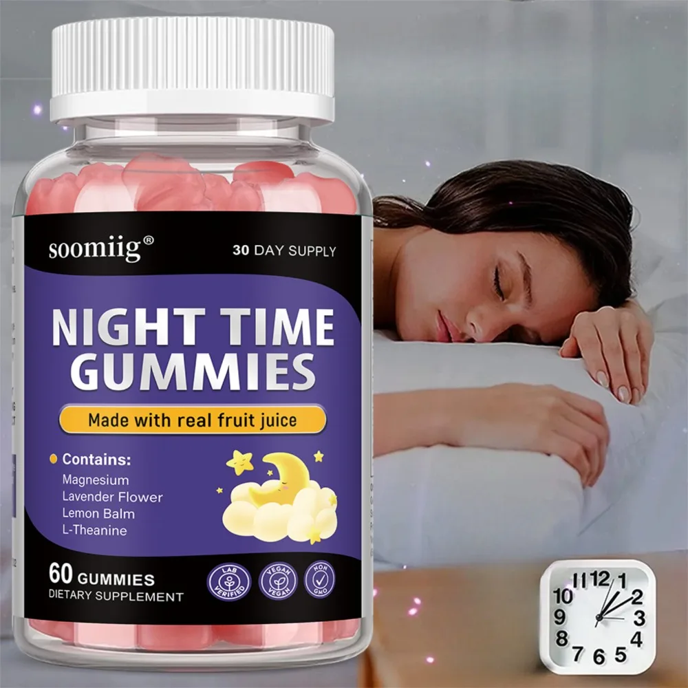 

Night Time Gummies, Made with Real Fruit Juice, with Magnesium, Support Sleep Health, Improve Insomnia, Relieve Stress