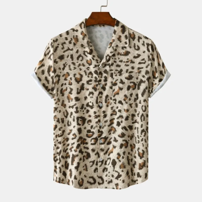 Fashion Leopard Print Summer Men\'s Shirts Casual Oversized Short Sleeve Fashion Single-Breasted Blouses Trend Tops Men Clothing