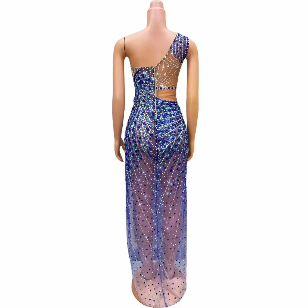 Sexy Stage Flashing Blue Silver Rhinestones Birthday Celebrate Transparent See Through Dress Mesh Costume Photoshoot Outfit