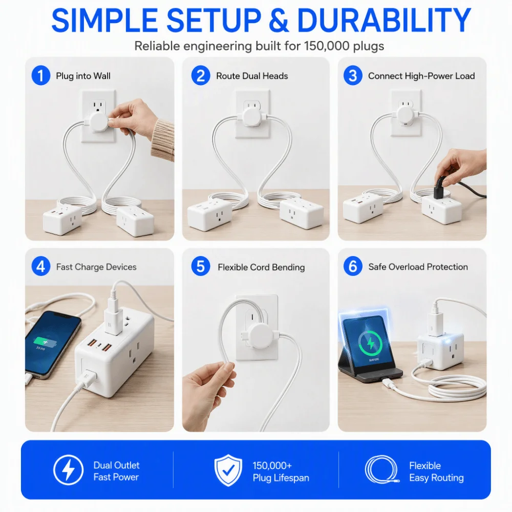 2 USB Ports Power Strip Solid Copper Wire Flame-Retardant PC Housing Dual Extension Cord Power Strip Stable Conductivity