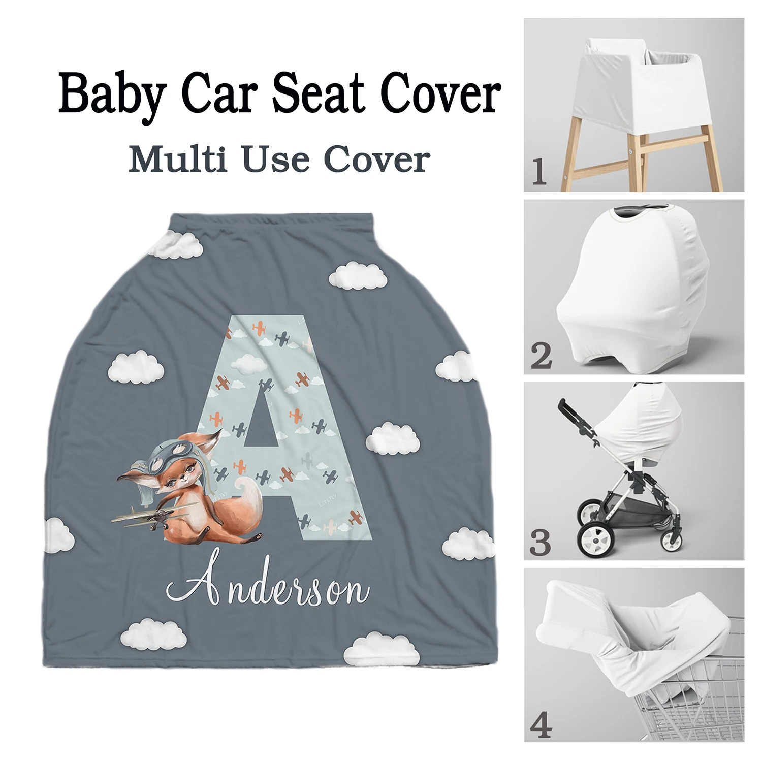 LVYZIHO Capital Letter Airplanes Baby Car Seat Cover, Custom Name Infant Car Seat Cover, Multi Use Cover