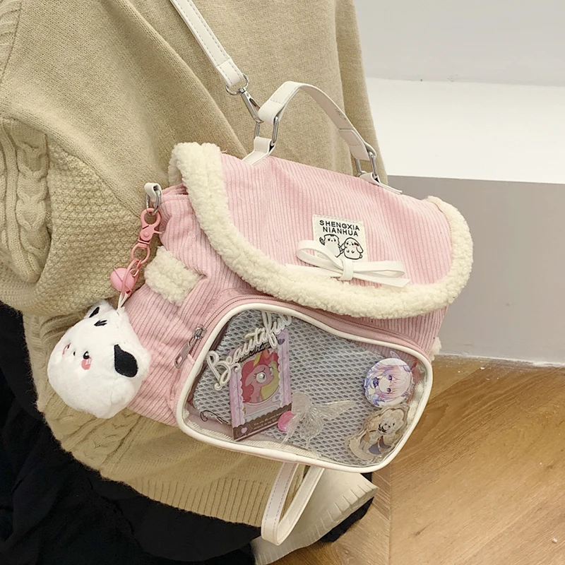 

Kawaii розовая вельветовая флисовая сумка Ita, сумка через плечо, прозрачное окно для значков аниме, плюшевая подвеска, повседневная сумка на плечо
