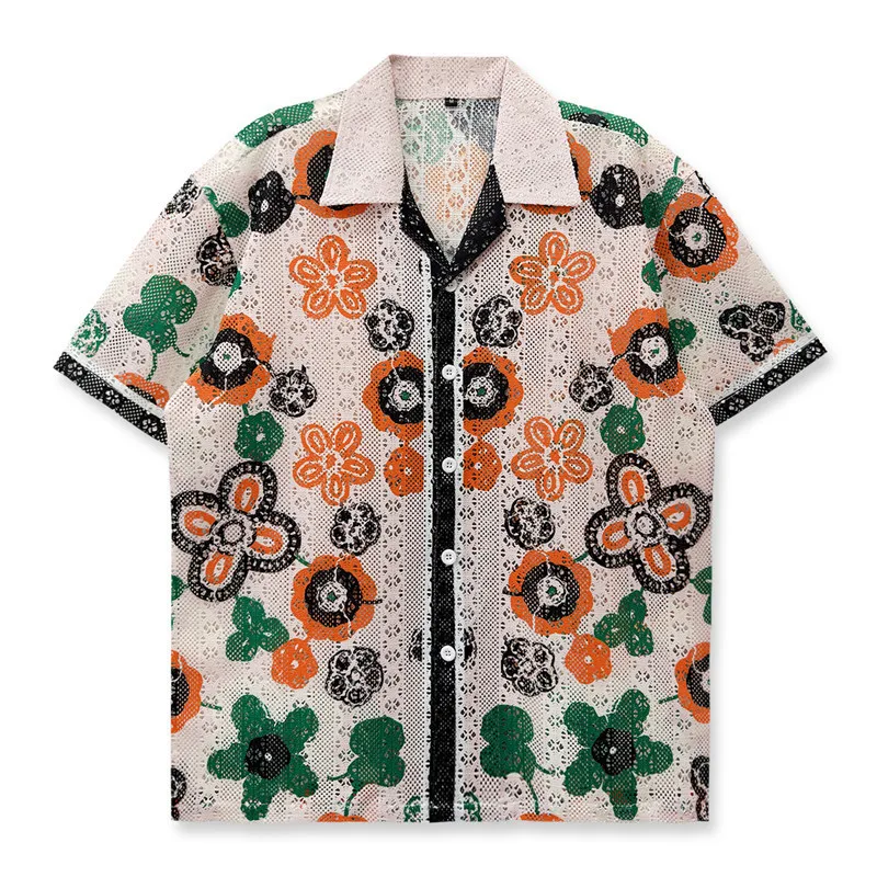 2026 See-through Casual Shirts Flower Shirt Short Sleeve Men Shirt Streetwear Summer Breathable Camisa Fashion Masculina Shirt