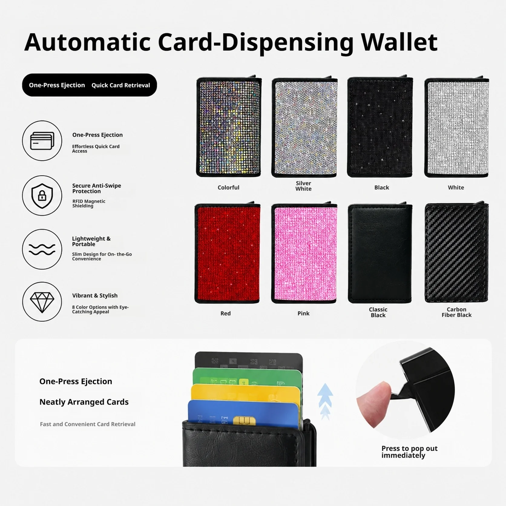 Bling Rhinestone Automatic Pop Up Card Holder PU Surface Multi Slot Credit Card Wallet Portable Business Card Storage Case For D