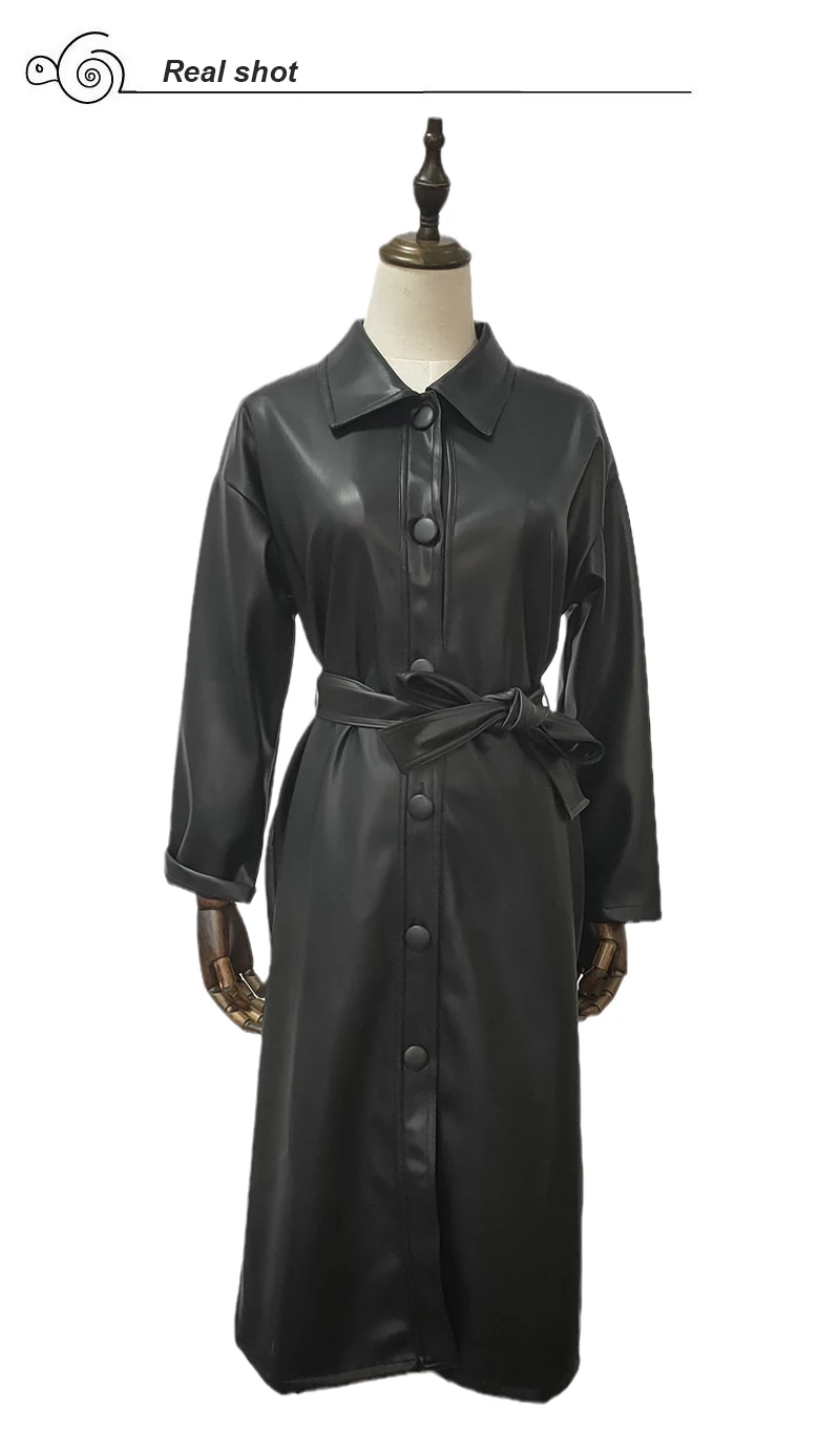 Spring Long Women Pu Leather Jackets Turn Down Collar Female Faux Leather Windbreaker Trench Coats Single Breasted Belt Jackets
