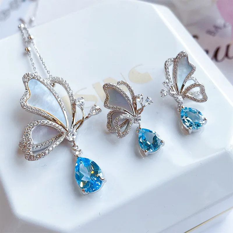 Pendientes de gota de mariposa Fritillaria blanca Natural, colgante de gota de agua azul de mar de Santa María, collares en forma de pera, conjuntos de joyas