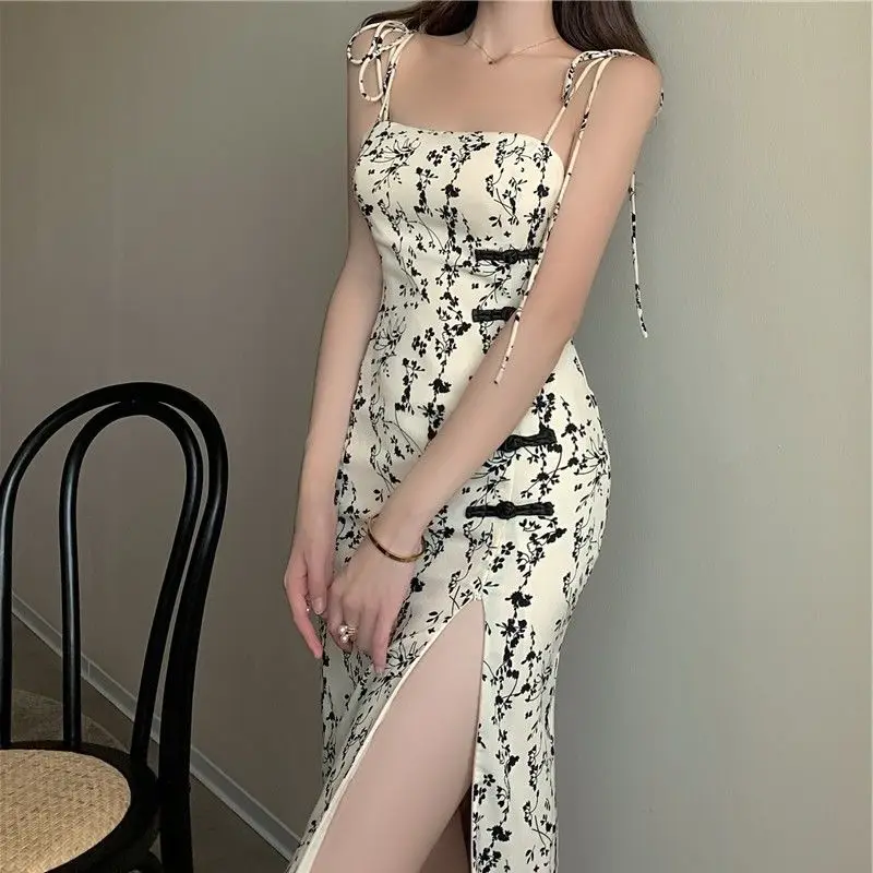 

Летнее новое стильное платье Ципао с разрезом больших размеров, винтажное платье с цветочным принтом, дизайнерское платье-бретелька для пышных женщин, восточное платье