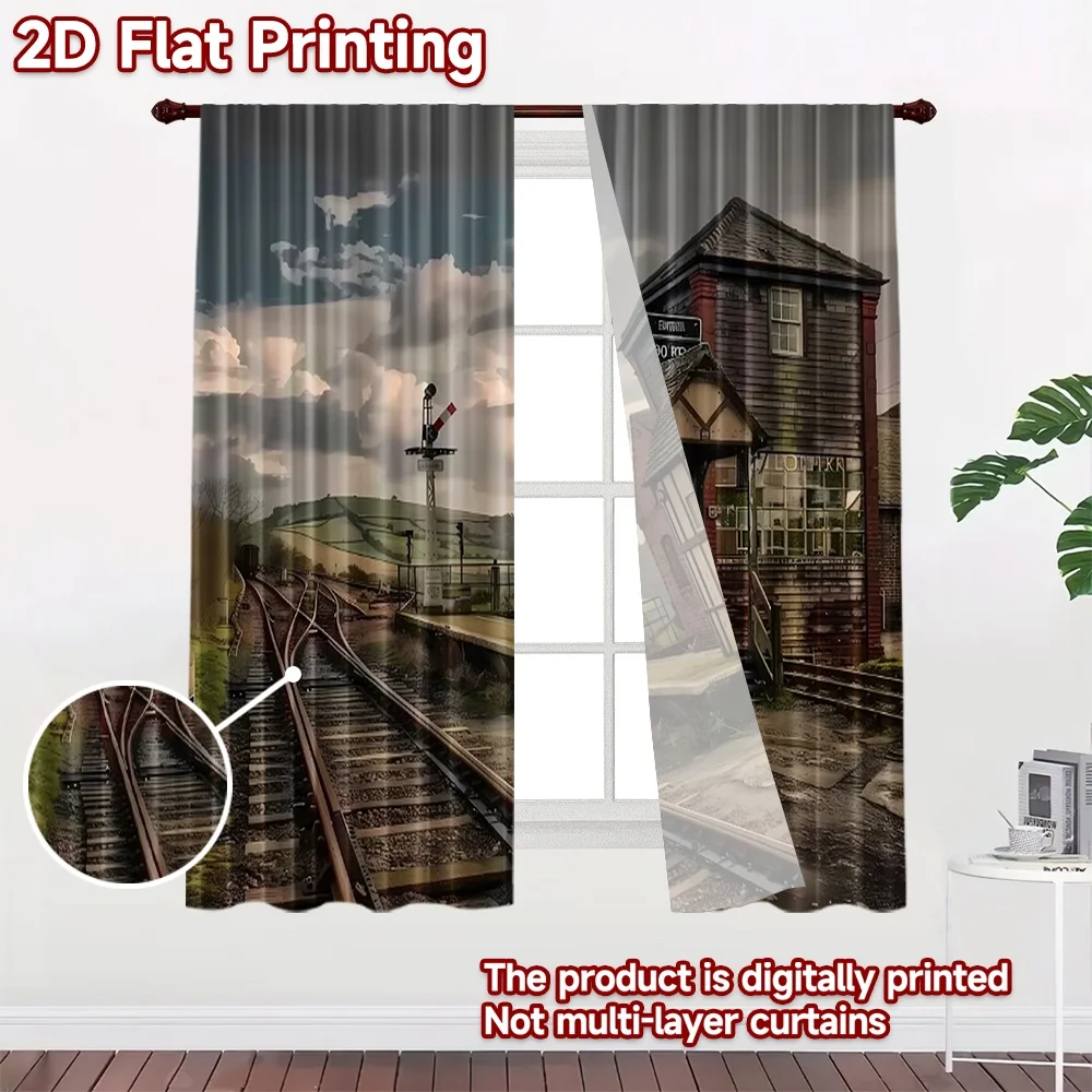 2D flat 2pcs Curtain Modern Minimalist Style Countryside Railway Station Digitally printed polyester Family Party Decoration Use