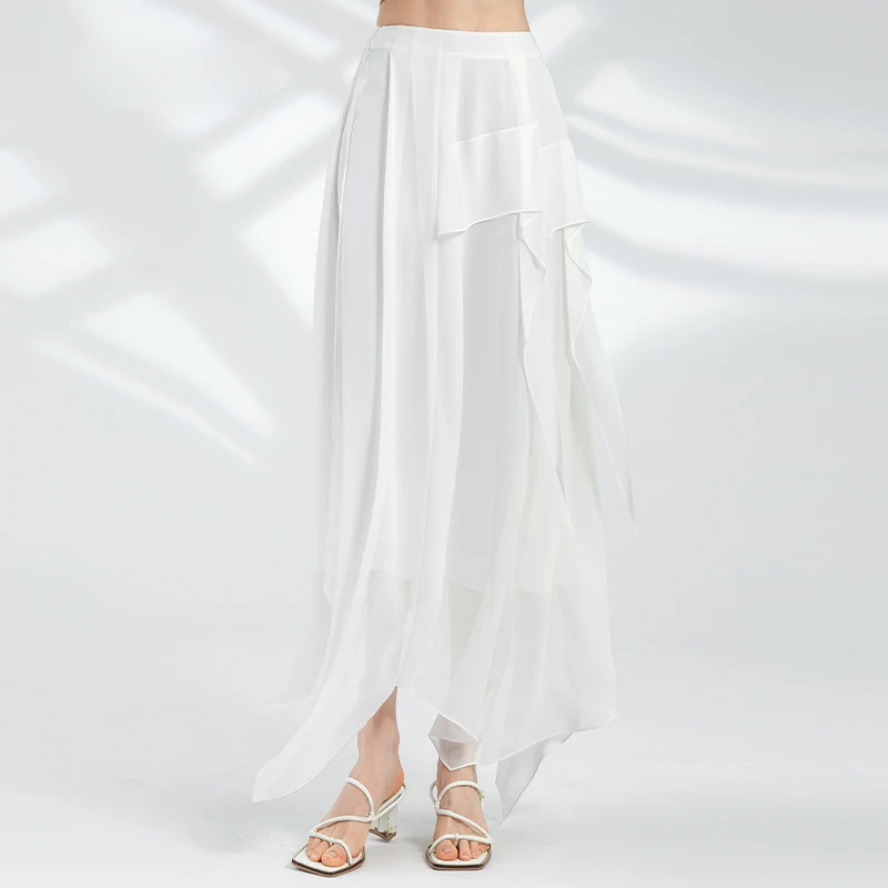 White Georgette Pure Silk Natural Waist Woman Skirts Petal-shaped Hem Cool and Comfortable Personality Simple Skirt Summer CY021