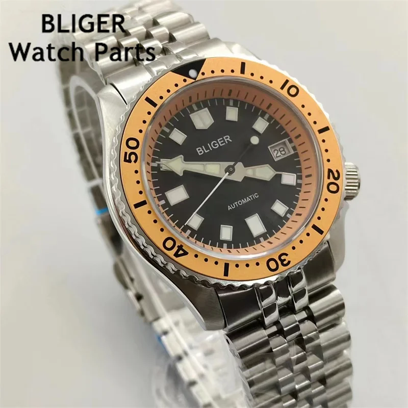 BLIGER 42mm Watch Men NH35 Automatic Mechanical Wristwatch  Black Blue Dial Green Luminous Stainless Steel Strap