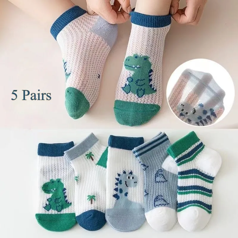 5Pairs/Lot Children's Socks 1-8Y Boys Girls Summer Cute Dinosaur Cartoon Thin Mesh Socks for Babies Lightweight and Breathable