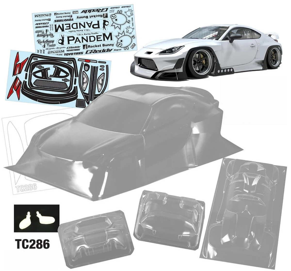 1/10 scale GR86 Pandem, Clear Polycarbonate RC Drift body shell，195mm Width, Include Light Bucket/Stickers