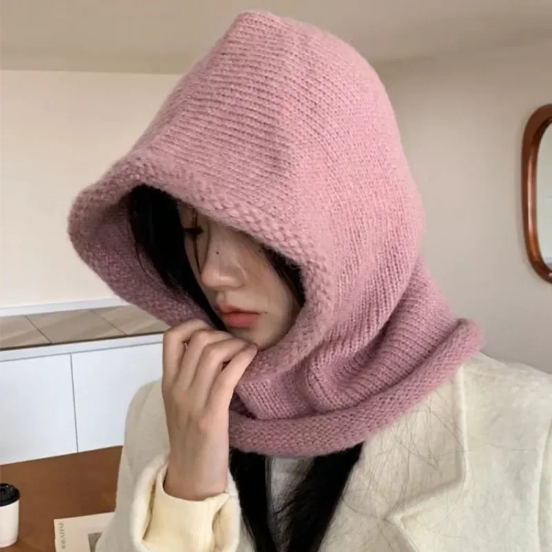 Hood Beanies Women Winter Warm Hood Scarf Hat Girls Street Ear Protection Knitted Hat Neck Protection Breakwind Beanies