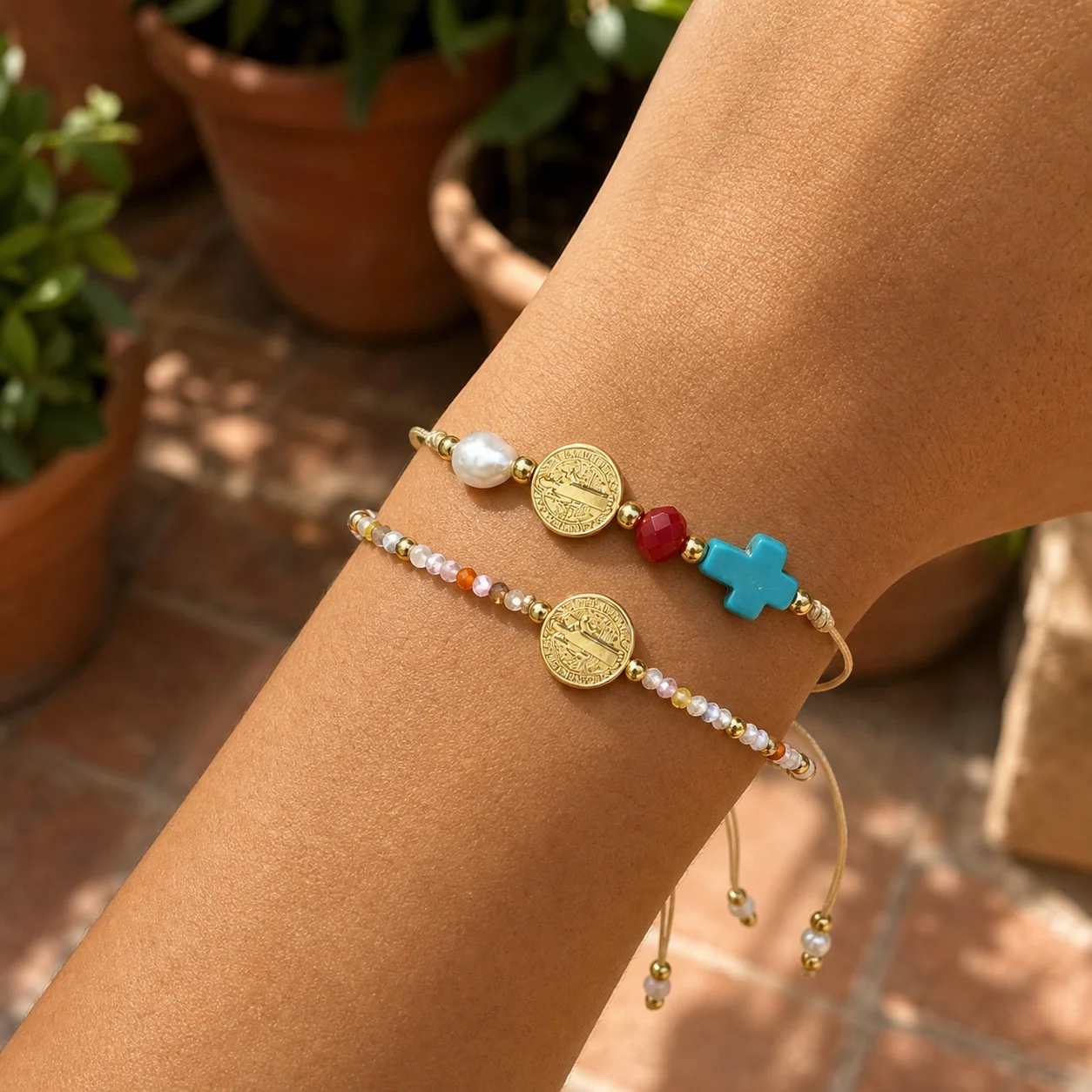 2pcs Catholic Cross Beaded Bracelet for Women Colorful Semi Precious Stone Copper Charm Tie Bracelet Religious Gift for Her