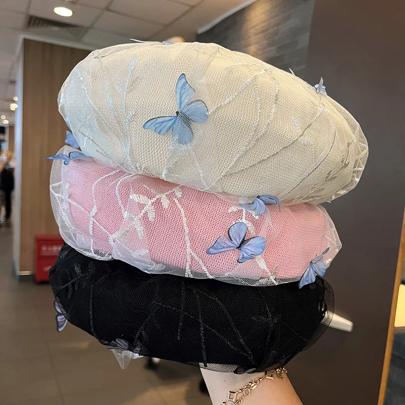 

Детская сетчатая кепка-берет в корейском стиле: новая модель с милым узором бабочки, универсальная, модная, в литературном стиле, сетчатая кепка художника