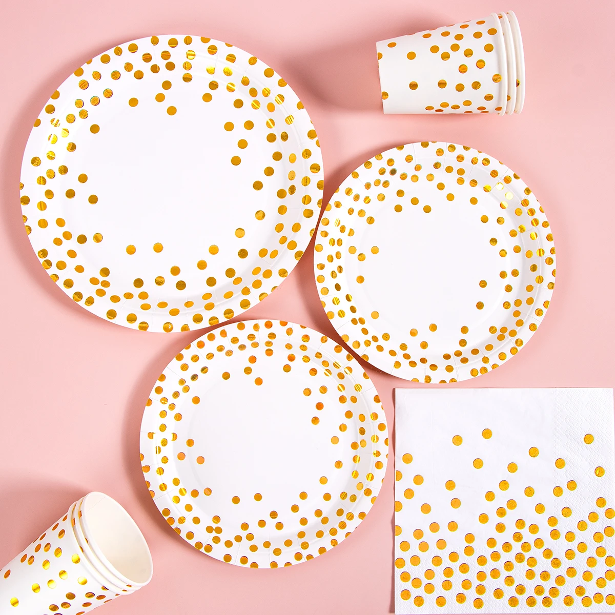 White background with gold polka dots Disposable Tableware Set Paper Plates Napkins for Party Supplies Kitchen Tableware